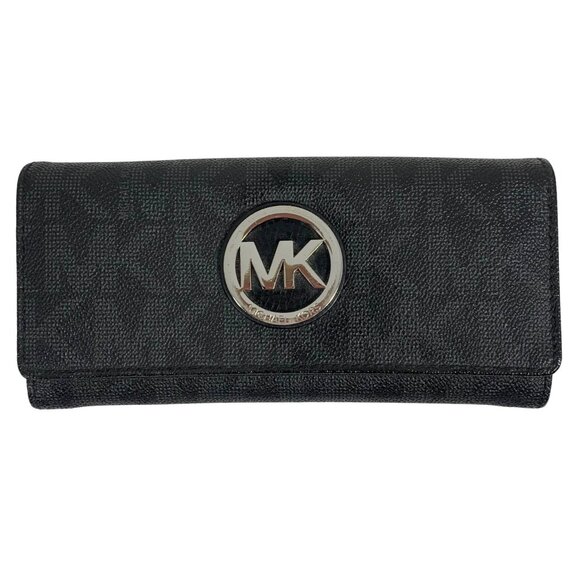 Michael Kors Large MK Signature Fulton Flap Continental Wallet Black PVC - Picture 1 of 14